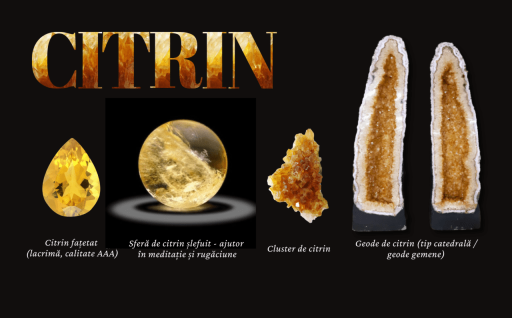 Citrin - fațetat, sferă șlefuită, cluster și geodă)